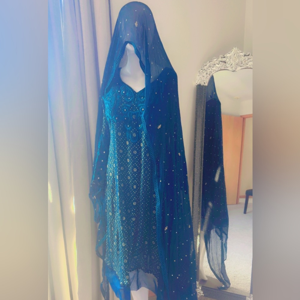 Elegant Blue Embellished Dress with Shawl